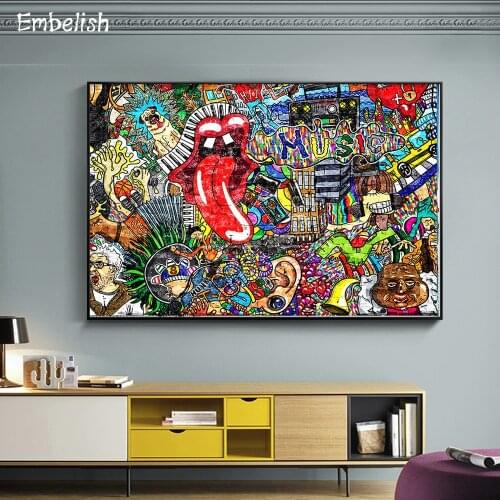 1 Pieces Wall Posters For Living Room Music Collage On A Large Brick Wall Graffiti Pictures Home Decor Canvas Paintings