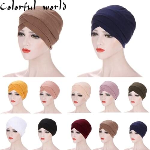 2020 Women Elastic Inner Hijabs Hat Pastoral Style Lady Hair Bands Fashion Muslim Turban Hats Indian Caps Wrap Cap Head wraps