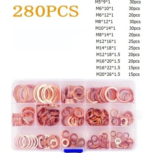 280PCS/Box)M4/5/6/8/10/12/14/16/20mm All sizes In Box Red Copper Washer Copper Gaskets Kits