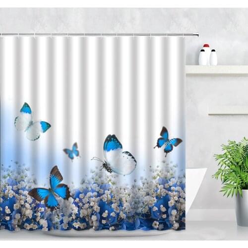 Blue Butterfly Floral Shower Curtains Rural Scenery White Flowers Rose Plant Printed Bathroom Curtain Waterproof Fabric Screens