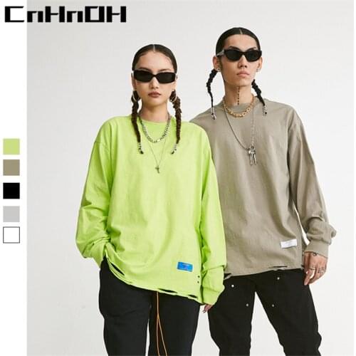 CnHnOH spring high street dark line with a top with a hole in the hem of the tide brand loose shoulder long sleeves M0101