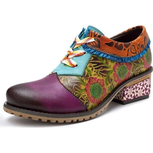 Elegance Vintage Women Hollow Out Chunky Heel Genuine Leather Pumps Lace Up 1-3CM Square High heels Printing Women Shoes