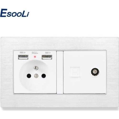 ESOOLI Aluminum Brushed French Standard Electric Socket with 2 USB + RJ45 Internet Jack and Television Port Power Outlet