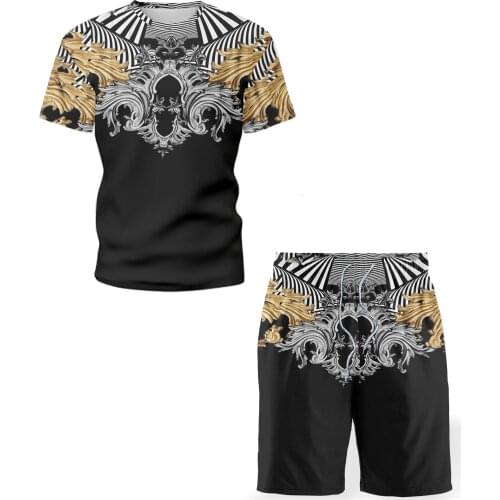 Summer Mens Round Neck 3D Printed T-shirt Set Fashion Short Sleeve + Shorts Sports Running Track and Field Sportswear
