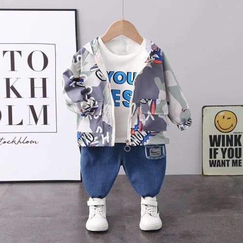 Toddler Infant Clothing Sets 2021 Spring Fashion Baby Boys/Girls Casual Clothes Camouflage Hooded Coats+Shirt+Jeans 3pc Set