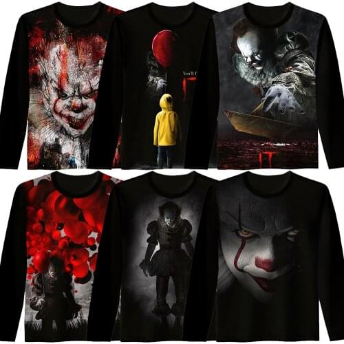 Cosplaydiy Stephen King It Pennywise Cosplay Costume T-Shirt Adult Summer Scary Joker Long Sleeves T-Shirt L0516