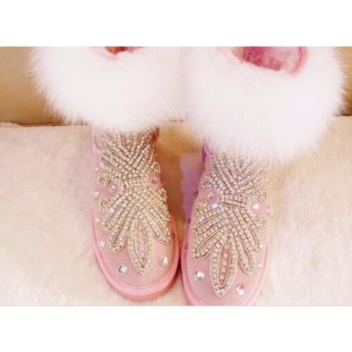 Handmade oversized fox fur crystal leather snow boots