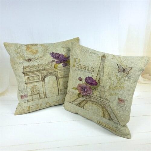 Square France Famous Building Pillow Cover Paris Tower Arc de Triomphe Cotton Linen Cushion Cover Home Decorative Throw Pillows