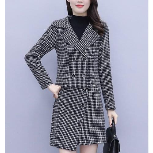 Fashion All-match plaid plus size Woolen suit womens 2020 autumn and winter new temperament thin two-piece set M~3XL