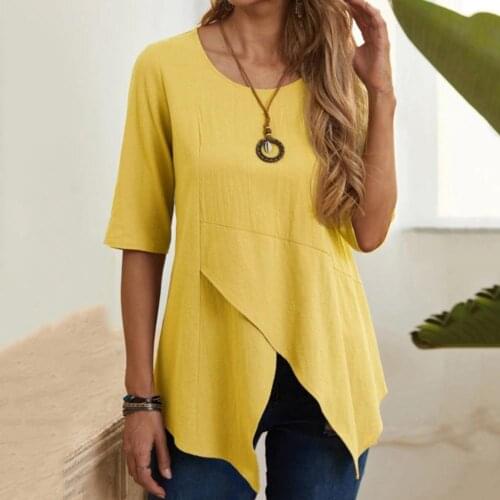 Trendy Women Blouse Half Sleeve Irregular Hem Casual T-shirt Quick Drying O Neck Solid Color Pullover TopS Women Clothing