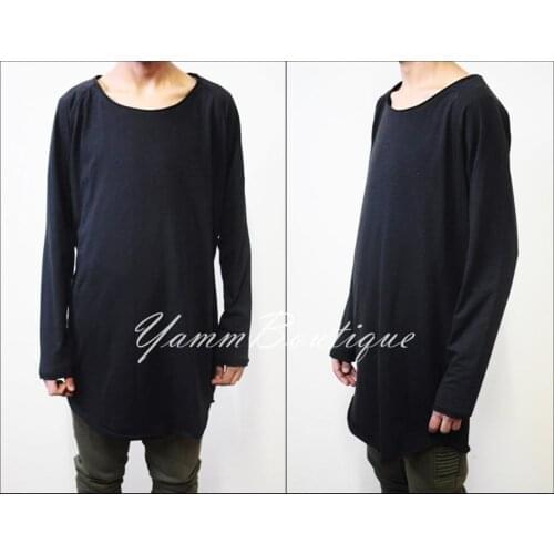 Mens Cotton Destroy Wide Neck Raw Edges Lengthen Extended Oval Tee Tshirt