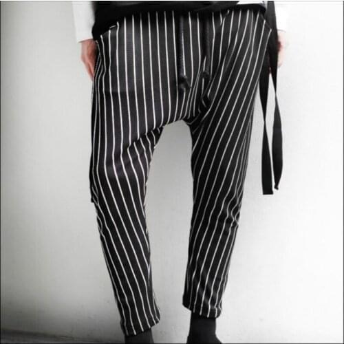 M-4xl Tide Harem Pants Mens Summer And Autumn New Cross-pants Nine Points Feet Pants Hairstylist Loose Vertical Stripes Pants