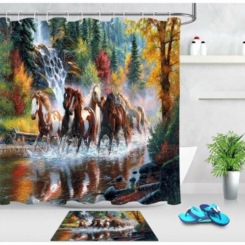 Bathroom set with shower curtain and rugs Wild Horses Pine Forest River Waterfall Waterproof Fabric Shower Curtains Set 72"