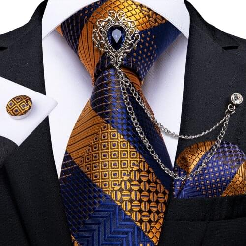 New Design 100% Silk Mens Ties Striped Orange Blue 8cm Wedding Party Business Ties Brooch Hanky Cufflinks Set Mens Gift DiBanGu