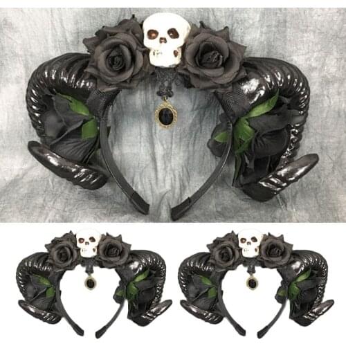 Devil Horn Headband Sheep Horn Hair Hoop for Halloween Flower Skull Hairband Gothic Props Theme Creative Party Costume
