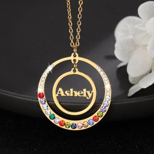 Custom Name Necklace Personalized Name Necklaces With Birthstone Stainless Steel DIsc Pendant For Women Jewelry Birthday Gifts