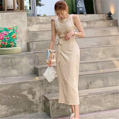 Elegant Sleeveless Tank Long Maxi Dress Women O Neck High Waist Summer Dress Office Lady Solid Lace Up Split Party Dress A866