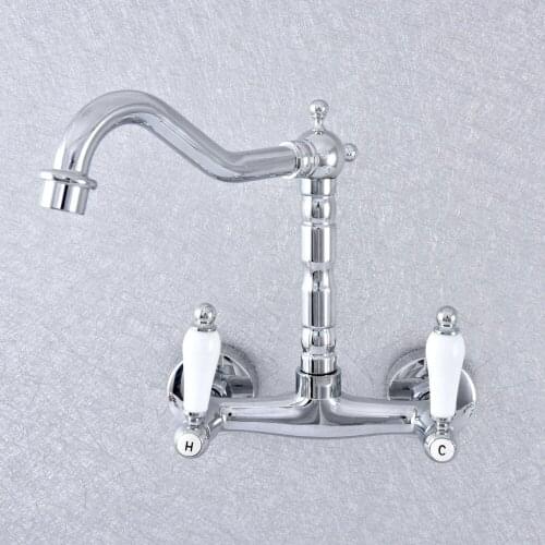 Polished Chrome Brass Wall Mounted Bathroom Kitchen Sink Faucet Swivel Spout Mixer Tap Dual Ceramic Handles Levers msf775