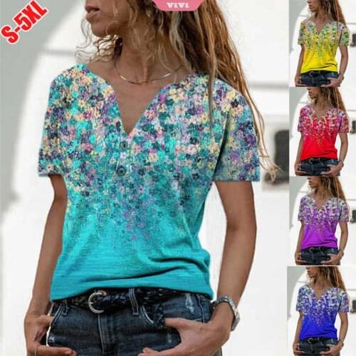 Casual Loose Ladies Short-sleeved T-shirt Summer V-neck Button Loose Pullover Floral Blouse women
