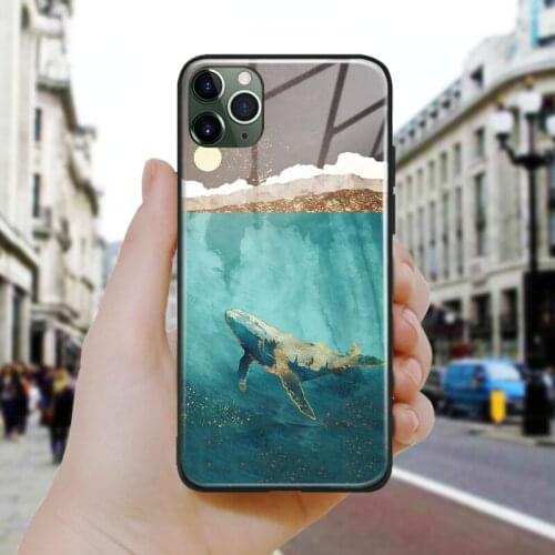 Nordic Abstract Whale in the moonlight Silicone Glass Phone Case Cover For iPhone SE 6 6s 7 8 Plus X XR XS 11 12 Mini Pro Max