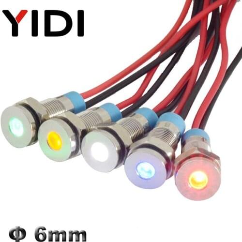6mm Chrome Metal 12V 24V 110V 220V LED Indicator Light Pilot Lamp Red Green Blue White Yellow Panel Mounted Wire Signal Lamp