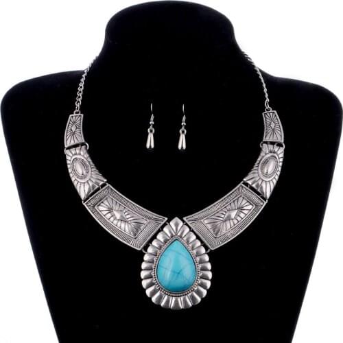 Turkish Jewelry Sets Bohemia Statement Choker Necklace Boho Short Chain Tibetan Drop Pendant Necklace Dangle Earrings