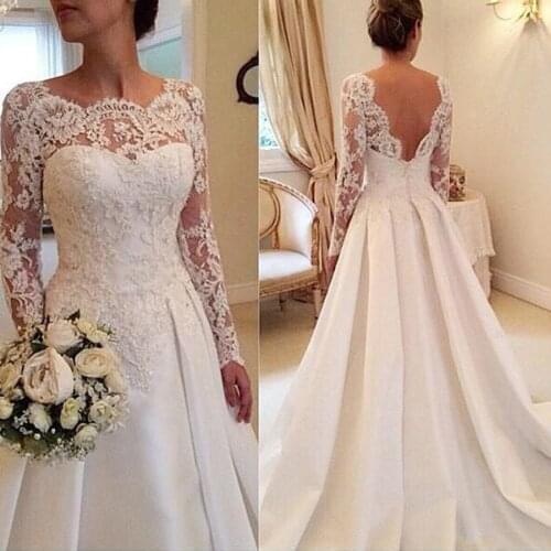 Jewelry Neck Long Sleeves lace Applique tenant court train Wedding dress Open Back Sexy bridesmaid Vestido De Noiva
