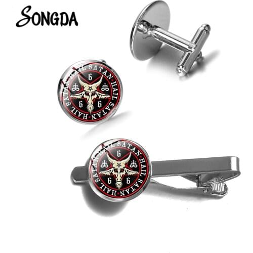 Goth Pentagram Goat Head Pattern Cufflinks Satanism Occult Time Gem Metal Cufflinks & Tie Clip Sets Mens Shirt Suit Accessories