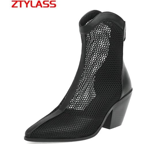 Women Square High Heel Ankle Boots Sexy Hollow Summer Mesh Boots Fashion Zipper Pointed Toe Short Boots Spring Autumn Lady Shoes