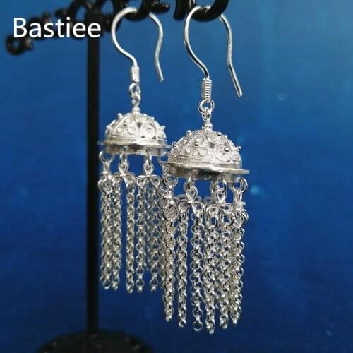 Bastiee 999 Sterling Silver Rivet Punk Earrings Women Drop Tassel Hat Earings Hmong Handmade Jewelry Luxury Ethnic Mongolian Cap