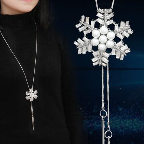 Women Zircon Pearl Snowflake Long Necklace Sweater Chain Fashion Metal Chain Crystal Flower Pendant Necklaces Adjusted 2021