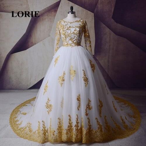 LORIE White Gold Wedding Dresses 2020 Long Sleeve Muslim Arabic Bridal Gown Lace Tulle O-Neck Luxury Wedding Gown vestido novia