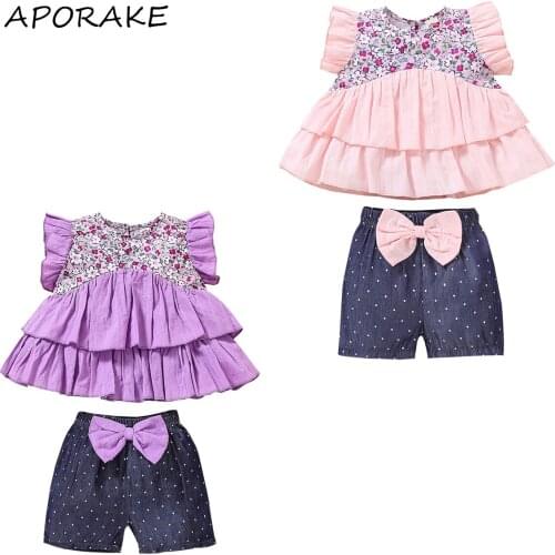2021 0-4Y Sweet Kids Baby Girl Clothing Set Floral Print Layered Fly Sleeve Top Blouse+Bow Dot Print Shorts Summer 2pcs