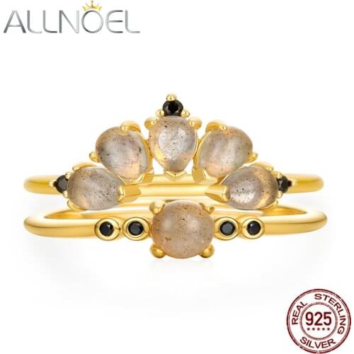 ALLNOEL Silver 925 Jewelry Stackable Rings Bridal Set For Women 9K Gold Plated Natural Labradorite Gemstone Fashion Style