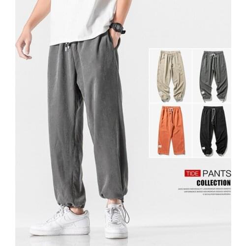 Spring Autumn 2021 Japan Suede Casual Pants Men Drawstring Nine Cupped Pants for Boys and Teenagers Loose Sports Pants Plus Size