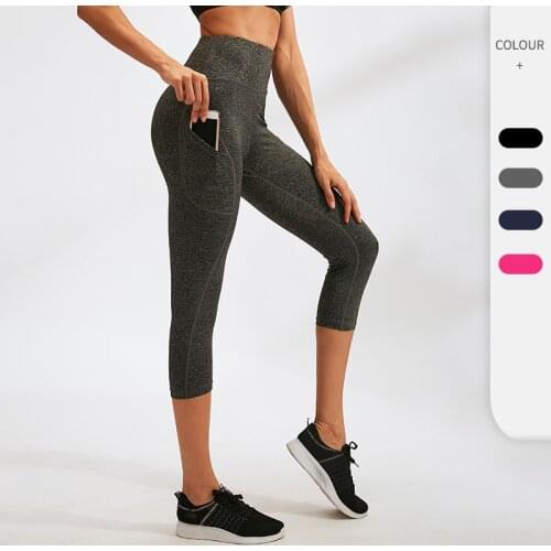 Womens yoga pants pockets fitness running sports stretch quick-drying pants high waist hip hip tight cropped pants 92303