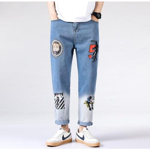 New Mens Denim graffiti letters street 3D printed jeans Personalized Fashion Cartoon Cropped trousers Male Pants High Quality