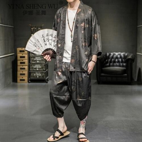 2PCS Japanese Clothing Set Printed Kimono Yukata Steaming Wear Pajamas Man Bathrobe Nightgown Japan Large Size Loose Kimono Suit