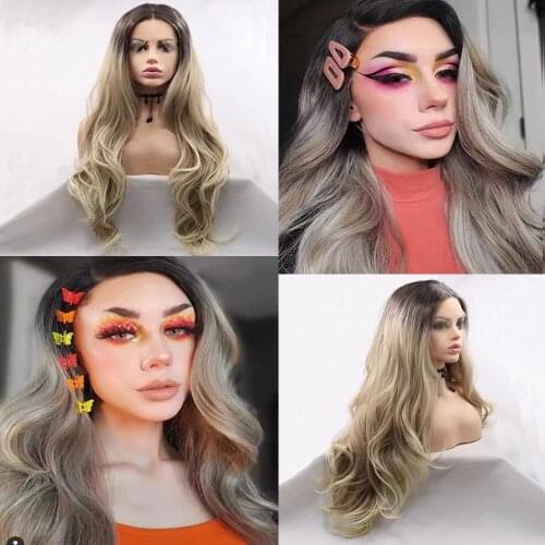 Synthetic Lace Front Wig Ash Blonde Curly Body Wave With Black Brown Root Glueless Short Wigs Heat Resistant Fiber For Women