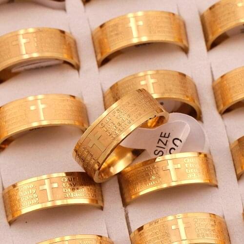 New 36pcs/Lots English Lords Prayer Stainless Steel Etching Internal Polishing Cross Religious Jewelry Ring For Man Women