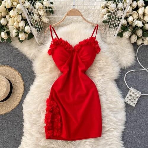 2021 Summer New Style Fashion Sexy Flower Wood Ears V-neck Chest Pad Sling Halter Slim Fit Bag Hip Split Mini Dress GK009