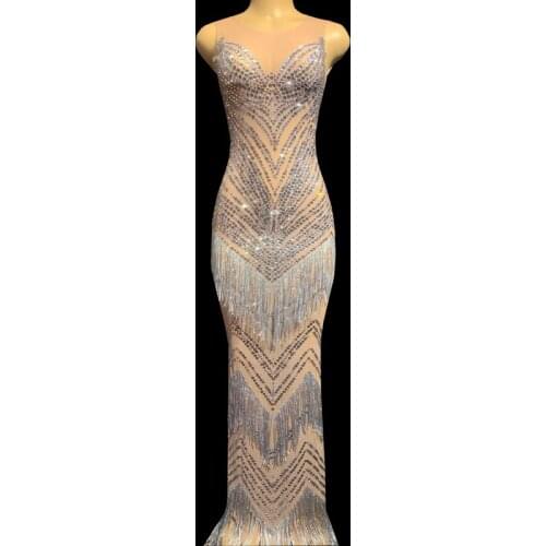 New Luxurious Sparkly Crystals Mesh Perspective Long Dress Women Birthday Evening Prom Party Dresses Singer Performance Costume