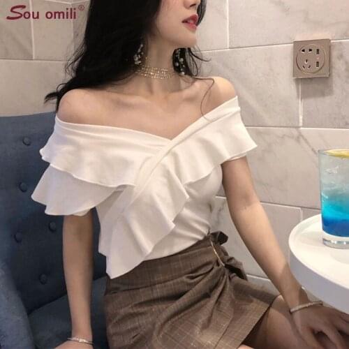 Solid Yellow Cold Shoulder Cami Top Women Fitted Tshirts Asymmetrical Tops Short Sleeve t-shirt Chemise Shirt tops haut femme