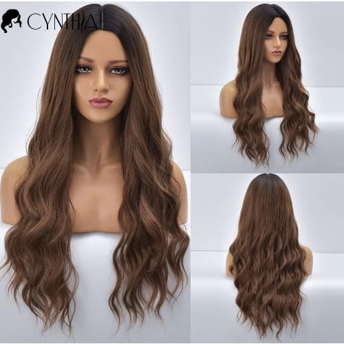 Black To Brown Wavy Long Ombre Natural Synthetic Wigs For Black White Women Colored Fiber Heat Resistant Hair Cosplay Wig