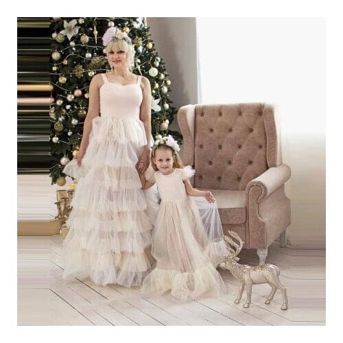 Custom Made Mom And Me Dresses For Photo Shoot Stretchy Floor Length Tiered Long Tulle Mother And Daughter Gowns