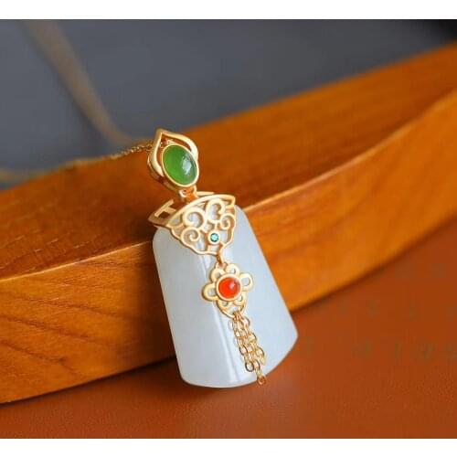 Hetian White Jade Lucky Pendant Pendant S925 Sterling Silver Ancient Gold Inlaid Tassel Style Design Retro Court Style