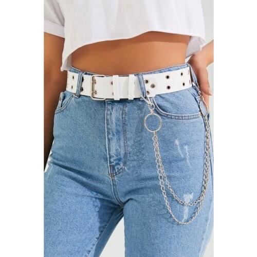 2021 Fashion Womens Belt Silver Buckle Eyelet Faux Leather Double Row White Color Accessory Free and Fast Shipping