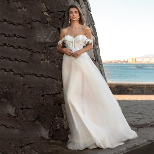Chic Appliqués Sweetheart A Line Summer Beach Wedding Dresses Sexy Off the Shoulder Zipper Back Bridal Gowns Sweep Train