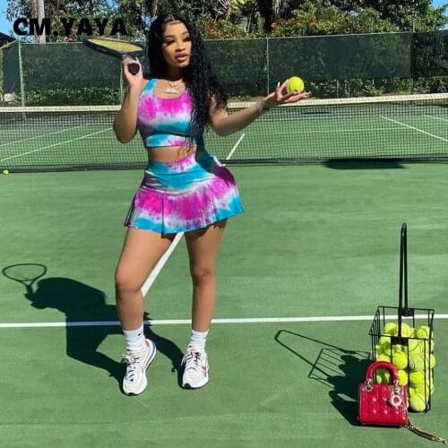CM.YAYA Women Set Tie Dye Print Sleeveless Crop Tank Tops Pleat Mini Skirts Two Piece Sets Active Tracksuit Sporty Outfit Summer