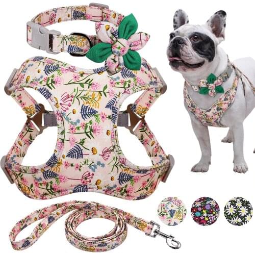 Flower Printed Dog Collar Harness Leash Set Nylon Small Medium Large Dogs Harness Vest Collar Leashes for Chihuahua Puppy Pet